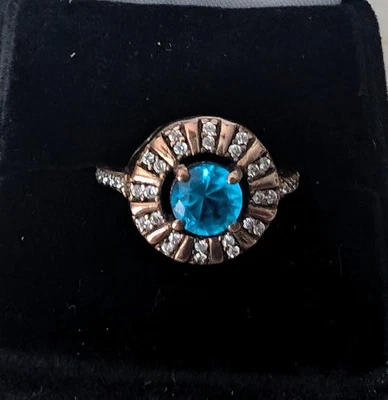 New Sterling Silver & Copper Blue & White Topaz Oval Halo Ring Size 8 - Image 1 of 4