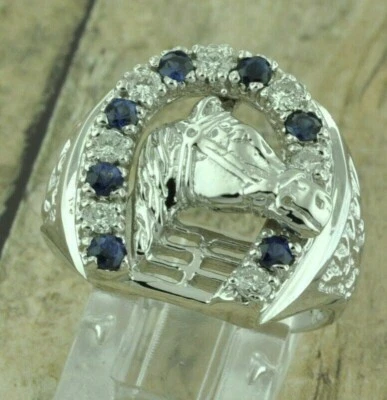 Anillo de la suerte herradura zafiro creado en laboratorio de 3 quilates con acabado de oro blanco de 14 quilates para hombre Foto 1 de 4