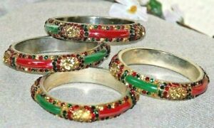 Armreifen Set Armband Armreif Bollywood Goldfarbene Rote und Grüne Steine Indien