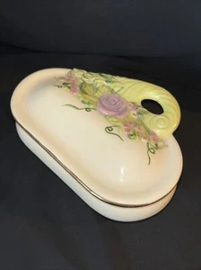 Flora Footed Trinket/Vanity Dish Vintage 1970’s Gold Rimmed Mauve/Green Padded - Picture 1 of 7