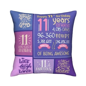 11th Birthday Gift Throw Pillow Covers 18x18 Inch 11 Year Old Cushion Case Gift - Picture 1 of 7