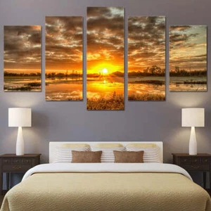 Sunrise Sunset On Water Framed 5 Piece Nature Canvas Wall Art Painting Wallpaper - Picture 1 of 1