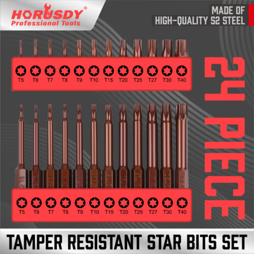 24Pc Security Torx Bit Tamper Resistant Star Set S2 Steel 1" & 2.3" Long T5- T40