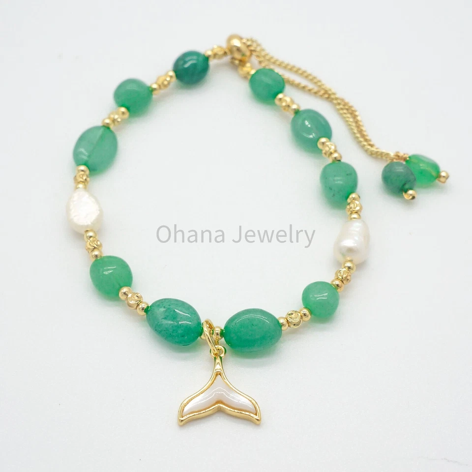 Brazalete de cobre ajustable con perlas de agua dulce de jade verde natural - MOP cola de ballena Foto 1 de 1