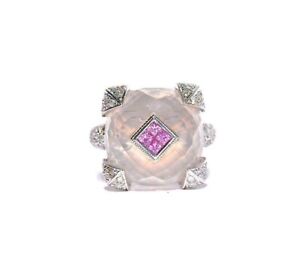 18k Diamond, Pink Sapphire & Rose Quartz Cocktail Ring Size 5