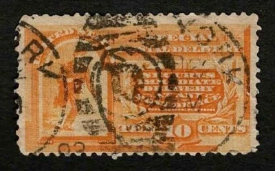 US 1893 #E3 Special Delivery Messenger Running 10c Orange Big Tear Used - Image 1 of 2