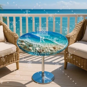 Ocean Epoxy Balcony Tabletop – Round Coastal Art for Outdoors - Picture 1 of 11