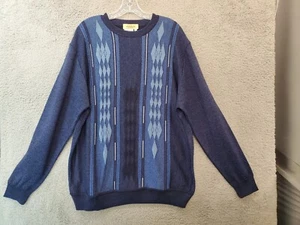 MONTECHIARO Men's Sweater Blue Diamonds Geometric Wool Blend ITALY Thin Knit L - Picture 1 of 9