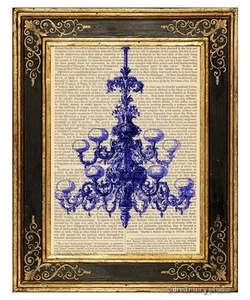 Blauer Kronleuchter Kunstdruck auf Vintage Buchseite Home Interior Wandbehang Dekor - Bild 1 von 3
