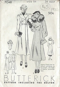 1930s Vintage Sewing Pattern COAT B34" (145) - Picture 1 of 2