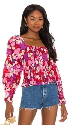 NWT Free People Ariana Top XS Boho Floral Smocked Ruffle Red Pink Long Sleeve - Image 1 of 4
