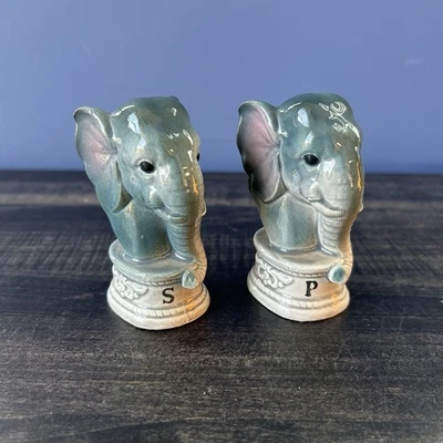 Salero y pimentero de cerámica vintage con cabeza de elefante hecho en Japón decoración kitsch Foto 1 de 4