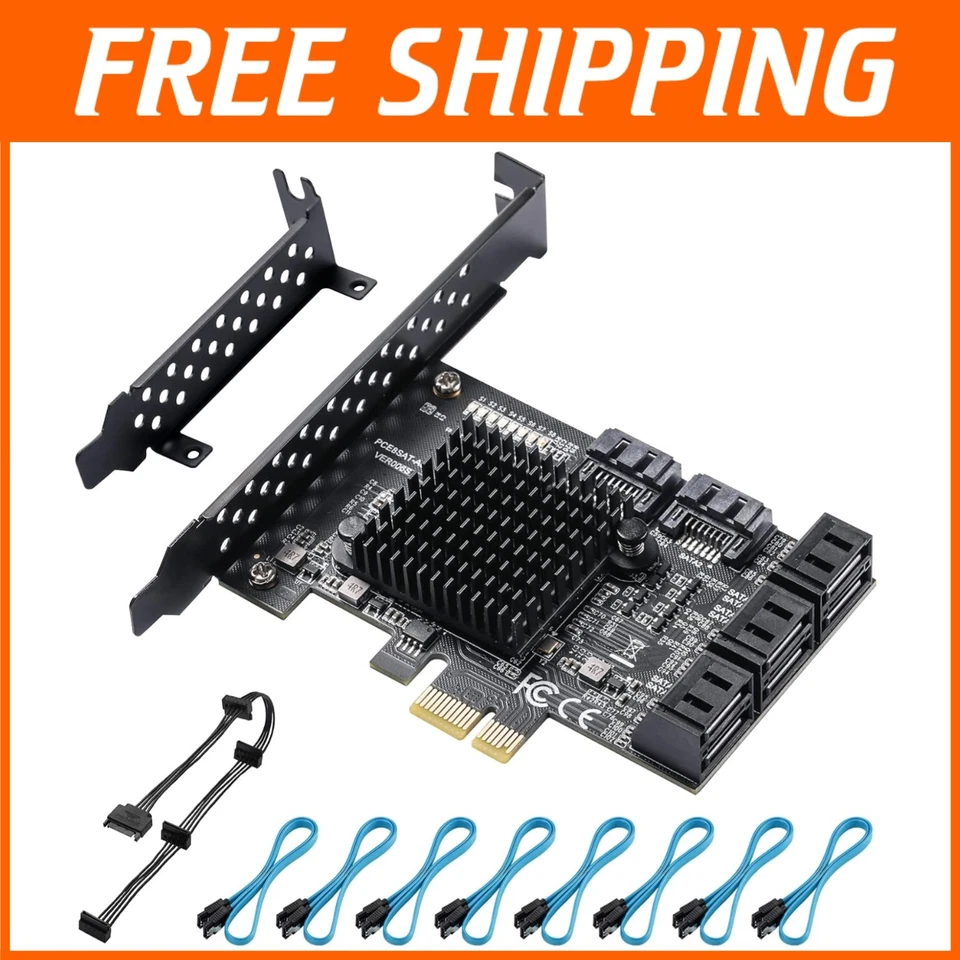 BEYIMEI PCIe SATA Card 8 Ports with 8 SATA Cables Power Splitter Cable andL...