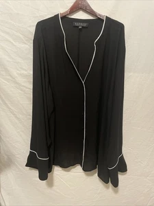 Eloquii Black Sheer V-Neck NWT Button Front Tunic-Size 26 Wide Sleeve White Trim - Picture 1 of 9