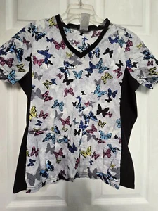 Cherokee Scrub Top Size M-Black/Blue Butterfly w/stretch Sides-Chest 22.5"/L24.5 - Picture 1 of 4