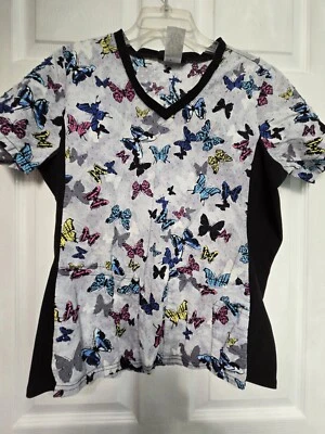 Cherokee Scrub Top Size M-Black/Blue Butterfly w/stretch Sides-Chest 22.5"/L24.5 - Image 1 of 4
