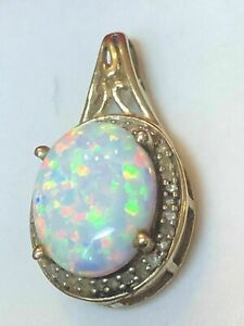 3Ct Oval Lab Created Opal & Diamond Pendant 14K Yellow Gold Plated Free Chain
