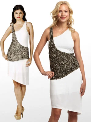 Vestido de cóctel sin mangas Poleci asimétrico marfil con superposición de lentejuelas metálicas L Foto 1 de 4