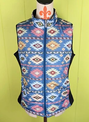 JANE ASHLEY Women's L Aztec Print Sleeveless Puffer Vest Full Zip Knit Trim EUC - Image 1 of 4