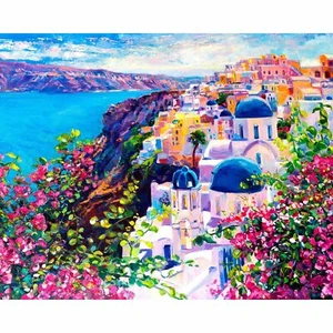 USA - DIY Malen nach Zahlen Kit Acrylmalerei Wohndeko - Santorini Meereslandschaft - Bild 1 von 2