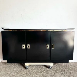 Postmodern Chinoiserie Black Lacquer Laminate Credenza With Gold Handles - Picture 1 of 10