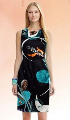 Elie Tahari Bethany Jersey Navy Floral Tie Waist Sleeveless Shift Dress S L $358 - Image 1 of 4