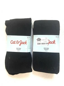 (2 pairs) Cat & Jack Girls' Footed High Waisted Cotton Tights, Black, 12-14 - Picture 1 of 4