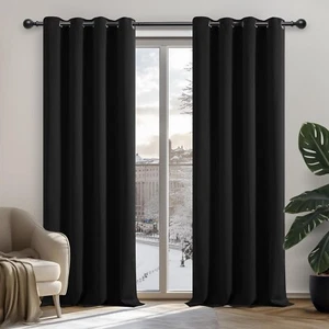 Deconovo Window Treatment Thermal Blackout Eyelet Curtains 52"x 84" Black - Picture 1 of 9