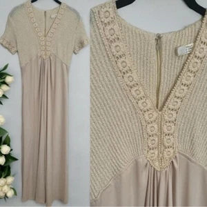 Vintage Union Made in USA Eggshell Yellow Cottagecore Crochet Maxi Dress - Picture 1 of 11