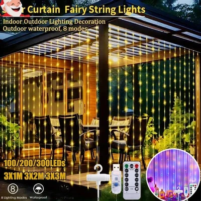 100/200/300LEDs Curtain Fairy String Light In/Outdoor Backdrop Wedding Party USB - Image 1 of 4