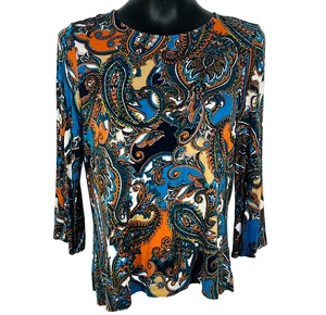 Ruby Rd. - Women's M Petite Knit Top Teal Copper Tan 3/4 Sleeve Boat Neck - Picture 1 of 11