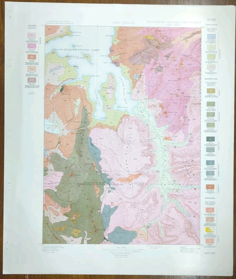 Vintage 1896 USGS YELLOWSTONE NATIONAL PARK WY Map Old Antique YELLOWSTONE LAKE - Image 1 of 4