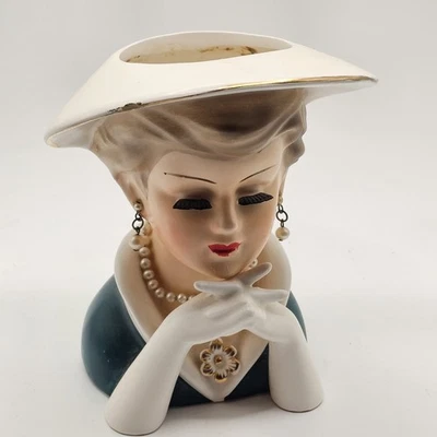 Rubens #495 Lady Head Vase Black Dress Pearl Necklace and Earrings Vtg  - Image 1 of 4