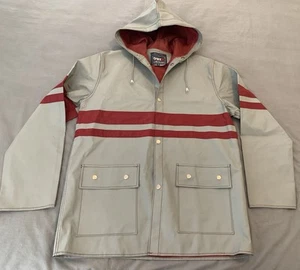 Vintage TRAX Activewear PVC Rayon Hooded Raincoat Gray/Red Men's Medium Nice! - Picture 1 of 7