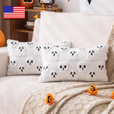 Halloween White Scare Ghost Throw Pillow Covers 12X20 Inch Set of 2, Cute Skelet - Image 1 of 4