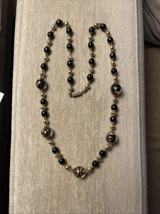 Vintage Murano venezianisches Glas schwarz & Kupfer Perlen Strang Halskette 25" lang - Bild 1 von 7