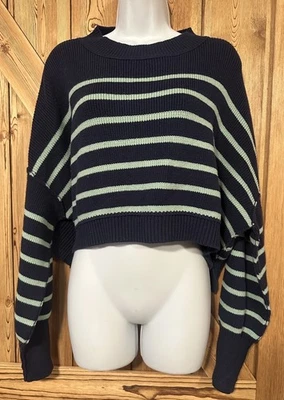 FREE PEOPLE Easy Street Boxy Cropped Tunic Navy Aqua Stripes Sweater Size Large - Image 1 of 4