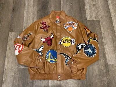 Jeff Hamilton NBA Teams Logo Patch Vegan Leather Jacket Camel Men’s size Large - Image 1 of 4