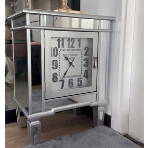 Mirrored Nightstand Silver End Bedside Table with Storage Cabinet & Quartz Clock - Picture 1 of 12