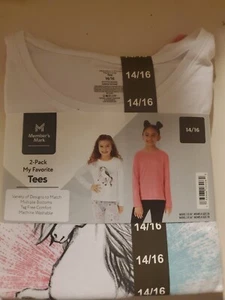 NWT Member's Mark 2-Pack My Favorite Tees Long Sleeve Unicorn White/Pink 14/16 - Picture 1 of 4
