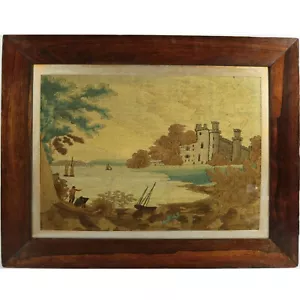 More details for georgian woolwork embroidered picture - castle by a lake