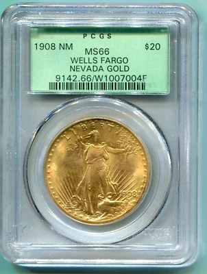 1908 No Motto NM Wells Fargo $20 ST GAUDENS PCGS MS66 SAINT OLD GREEN HOLDER OGH - Image 1 of 4