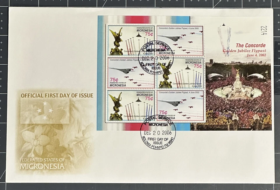 MICRONESIA 2006 FDC With STAMP SHEET, CONCORDE’S JUBILEE FLYPAST SC 721-2 CV+$18 - Image 1 of 1