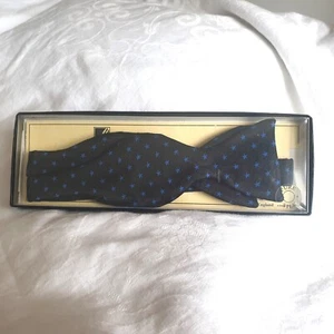 Vtg 80s Silk Bow Tie Black Blue Stars Retro Steampunk - Picture 1 of 9