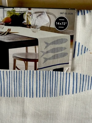 Blue Cream Fish Table Runner Cotton 72”New Threshold Cotton Modern Aesthetic - Image 1 of 4
