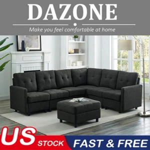 DAZONE Modern Modular Sectional Sofa Set L-Shaped Linen Fabric Couch w/Ottoman - Picture 1 of 27