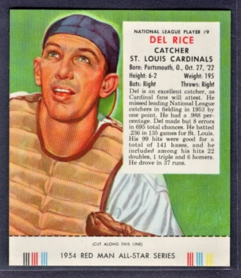 1954 RED MAN TOBACCO FULL WITH TAB #9 DEL RICE CARDINALS HIGH END NEAR MINT + - Image 1 of 2