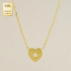 14K Real Solid Gold Diamond Heart Pendant Chain Necklace Charm Chain Necklace - Picture 1 of 4
