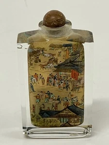 Antique Chinese Glass Snuff Bottle Reverse Painted Market Scenes - Picture 1 of 7