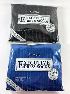 Vintage Amway Mens Over the Calf Dress Socks NIP 1983 Blue & Black Fits Sz 10-13